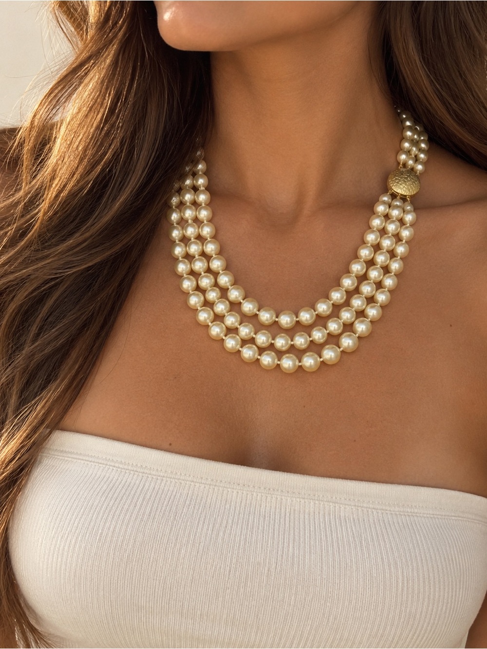 Vintage 3 Strand Faux Pearl Necklace
Gold Tone Clasp